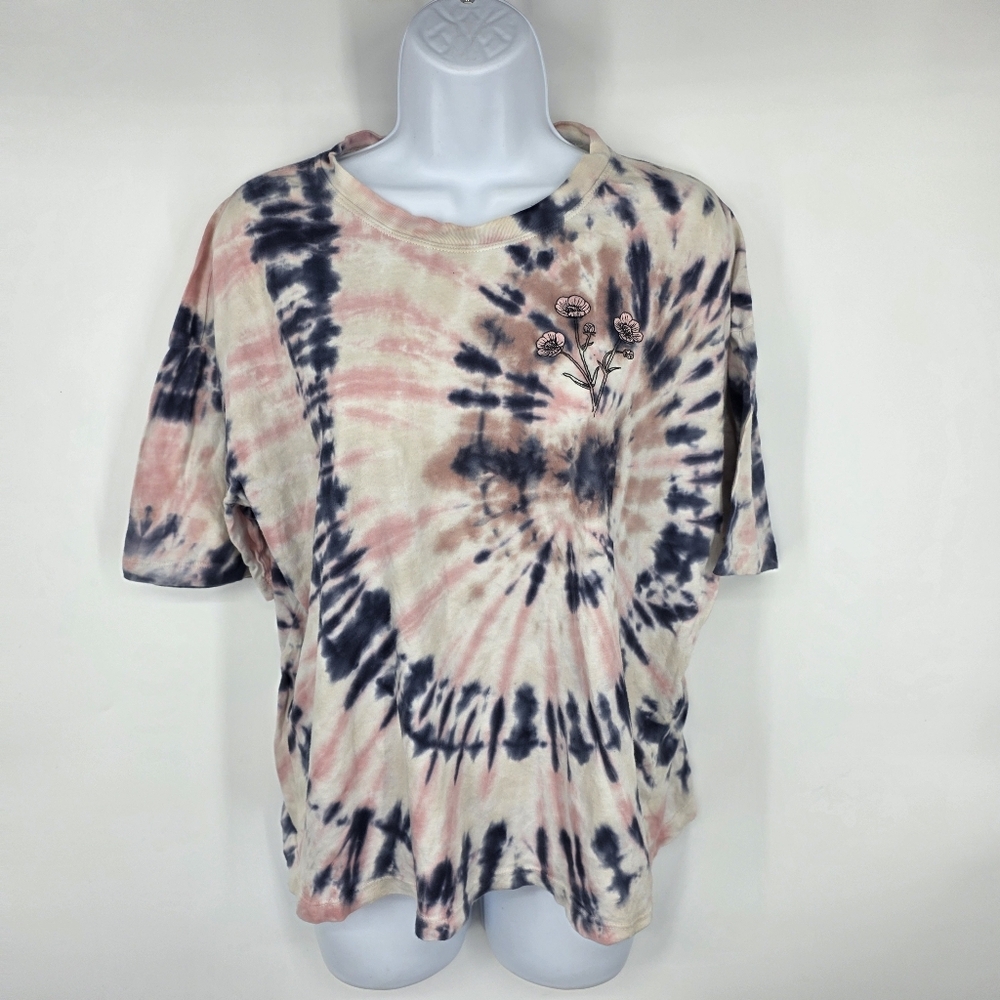 Free State Womens Small T-Shirt Tie Dye Pink Blue Floral Embroidered Graphic Tee